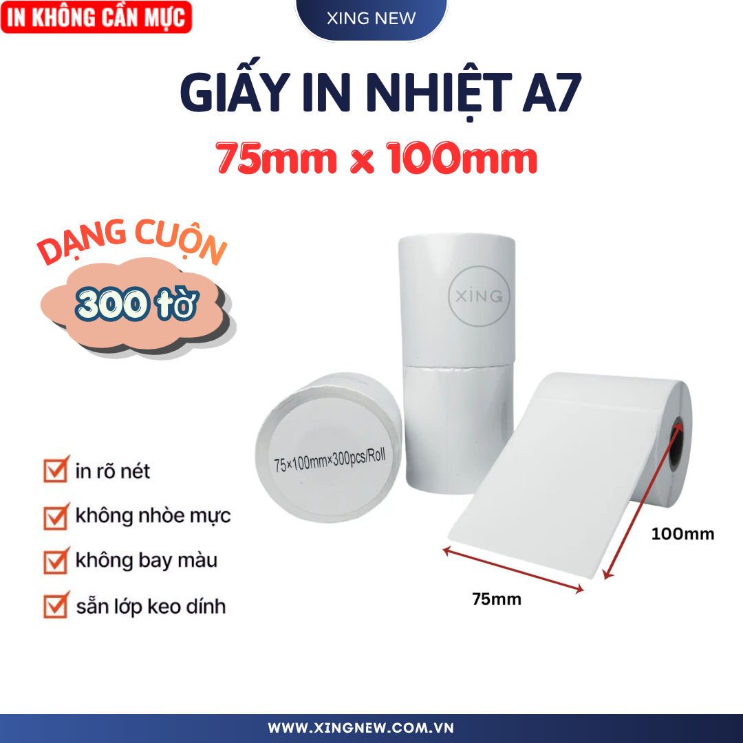 Giấy in nhiệt A7 75*100 cuộn 300 tờ